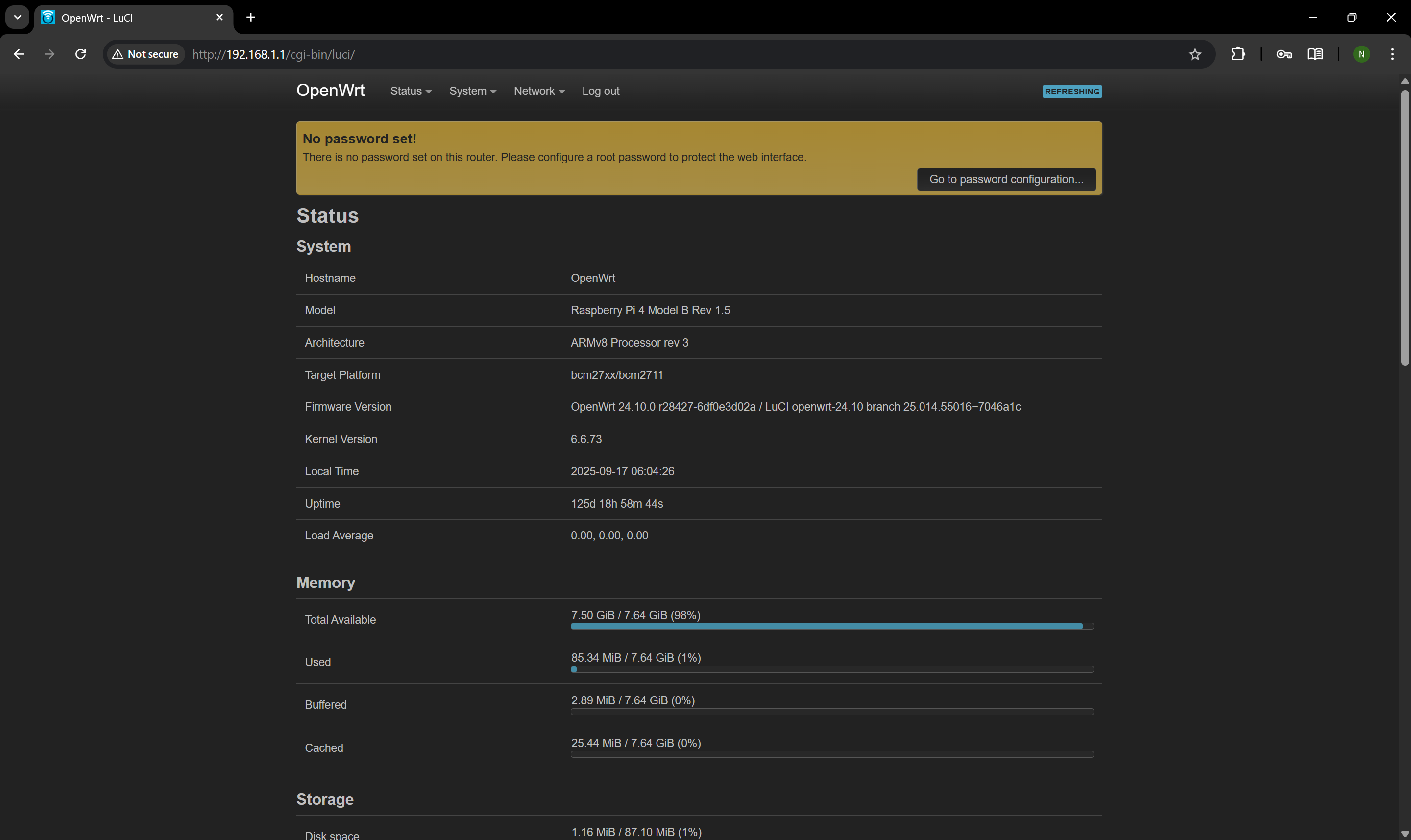 OpenWRT dashboard interface showing navigation menu on the left with options like Status, System, Network, and Logout. Main area displays system information including hostname, model, firmware version, and uptime. Layout is clean and functional with a neutral, professional tone. Text in the image includes OpenWRT, Status, System, Network, Logout, Hostname, Model, Firmware Version, and Uptime.