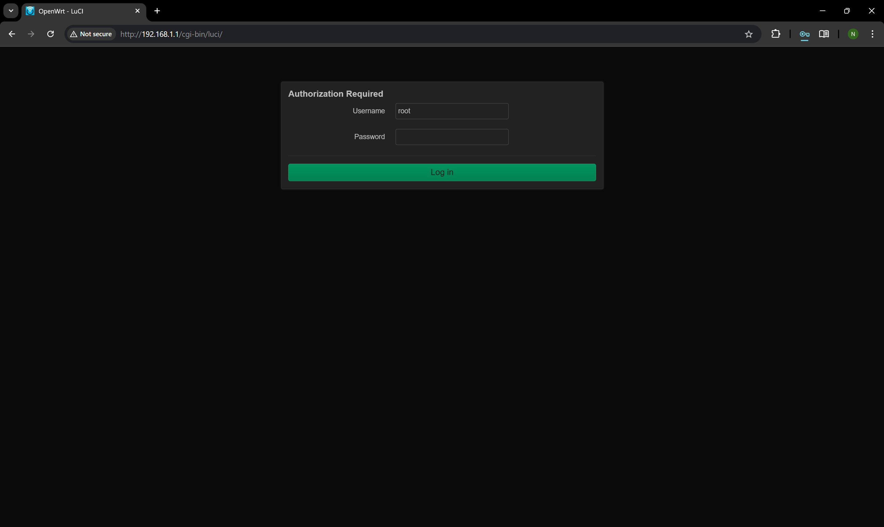 OpenWRT Login Bildschirm. Das Hauptfenster zeigt ein Login-Formular mit dem Titel OpenWRT und zwei Eingabefeldern für Benutzername und Passwort. Der Benutzername ist root und das Passwortfeld ist leer. Rechts unten befindet sich ein grüner Login-Knopf. Die Umgebung ist schlicht und funktional, ohne ablenkende Elemente. Die Stimmung ist neutral und sachlich. Text im Bild: OpenWRT, Benutzername, Passwort, root, Login.
